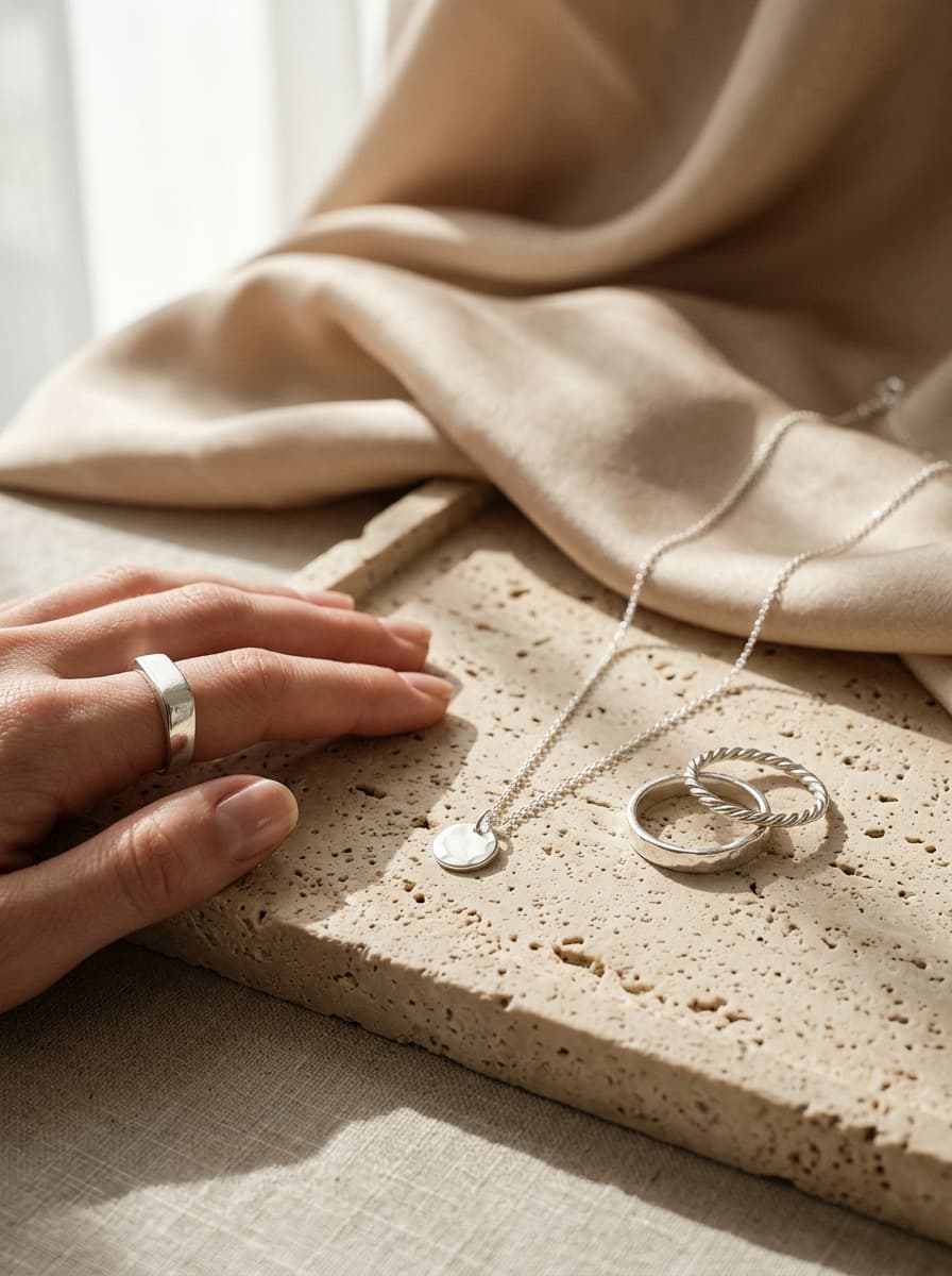 Joyería de lujo contemporánea OFIRO sobre piedra travertino